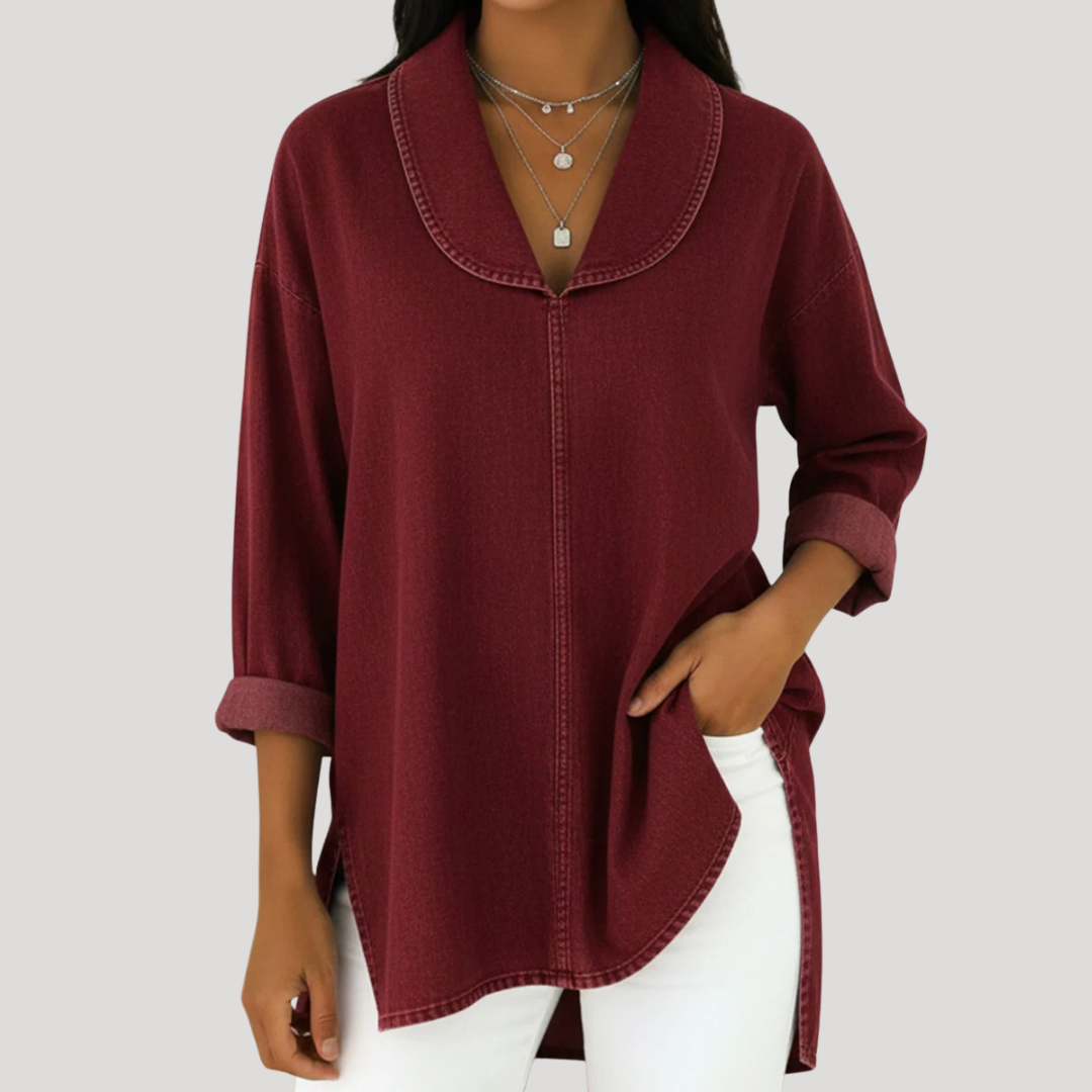 Camille™ Faux Denim Shawl Collar Blouse