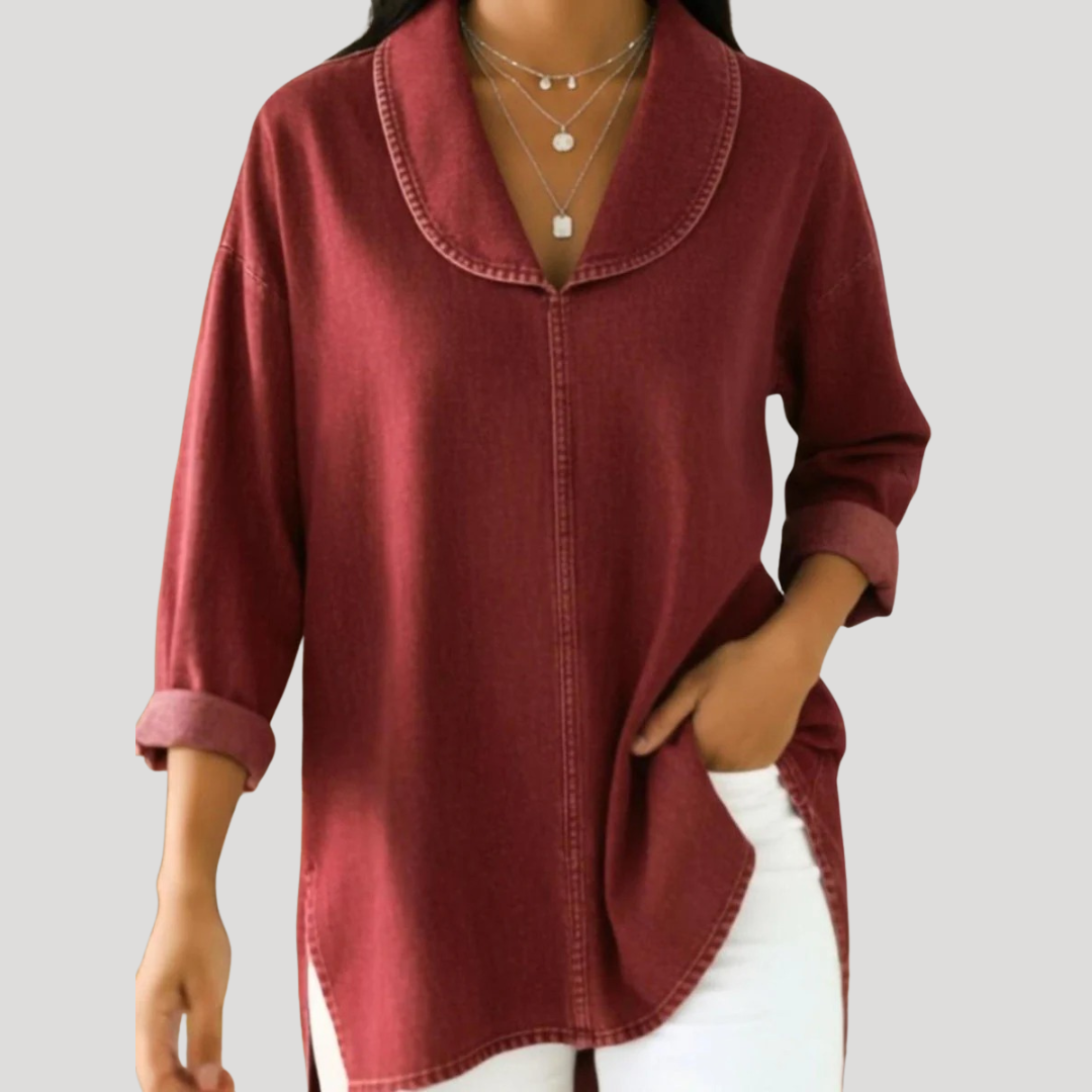 Camille™ Faux Denim Shawl Collar Blouse