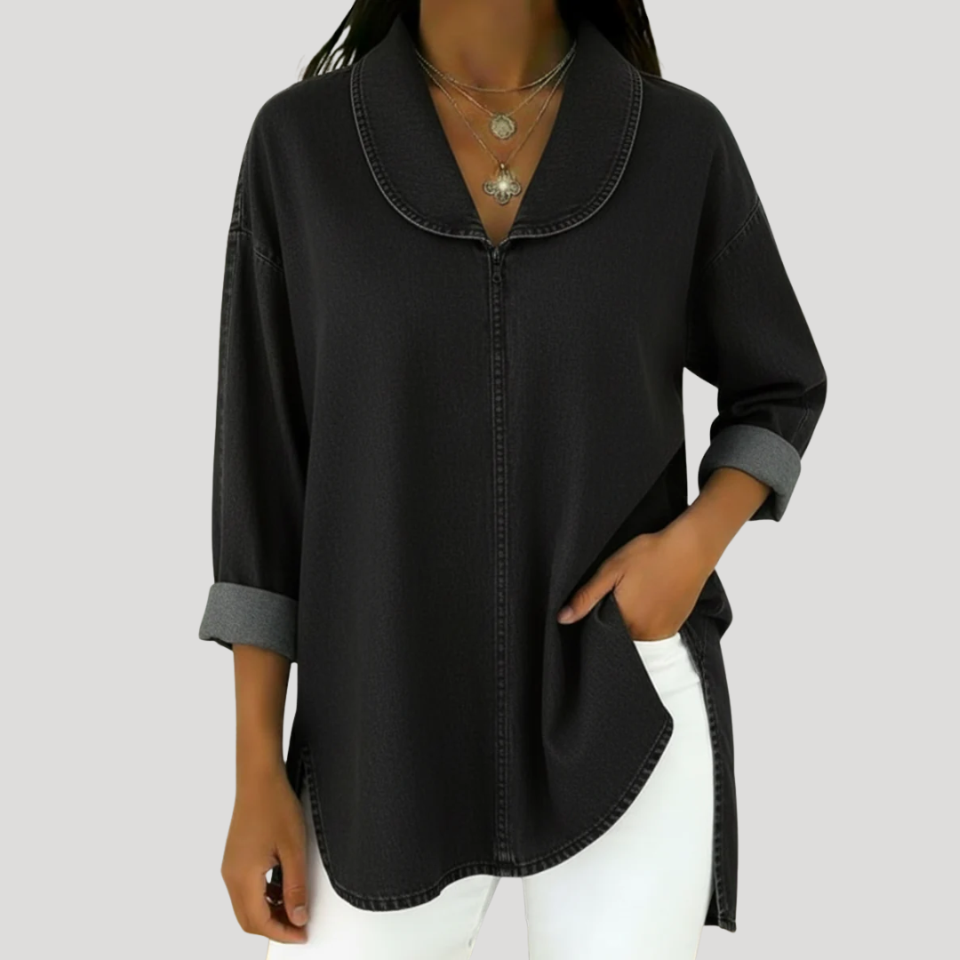 Camille™ Faux Denim Shawl Collar Blouse