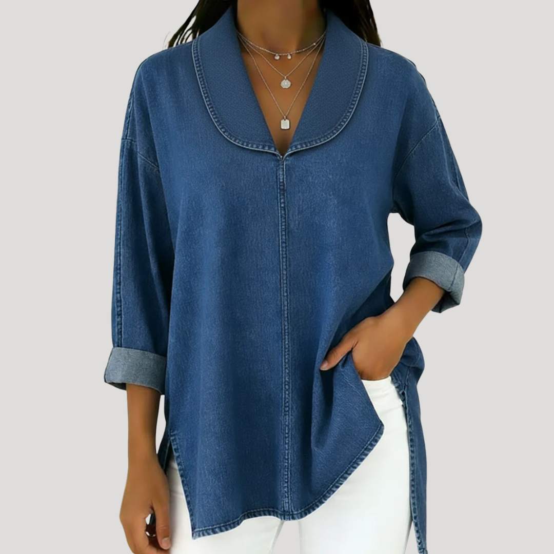 Camille™ Faux Denim Shawl Collar Blouse