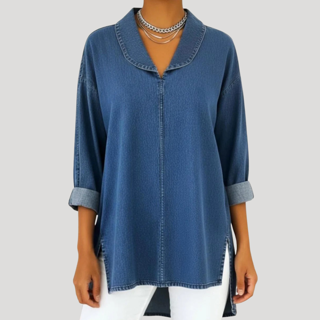 Camille™ Faux Denim Shawl Collar Blouse