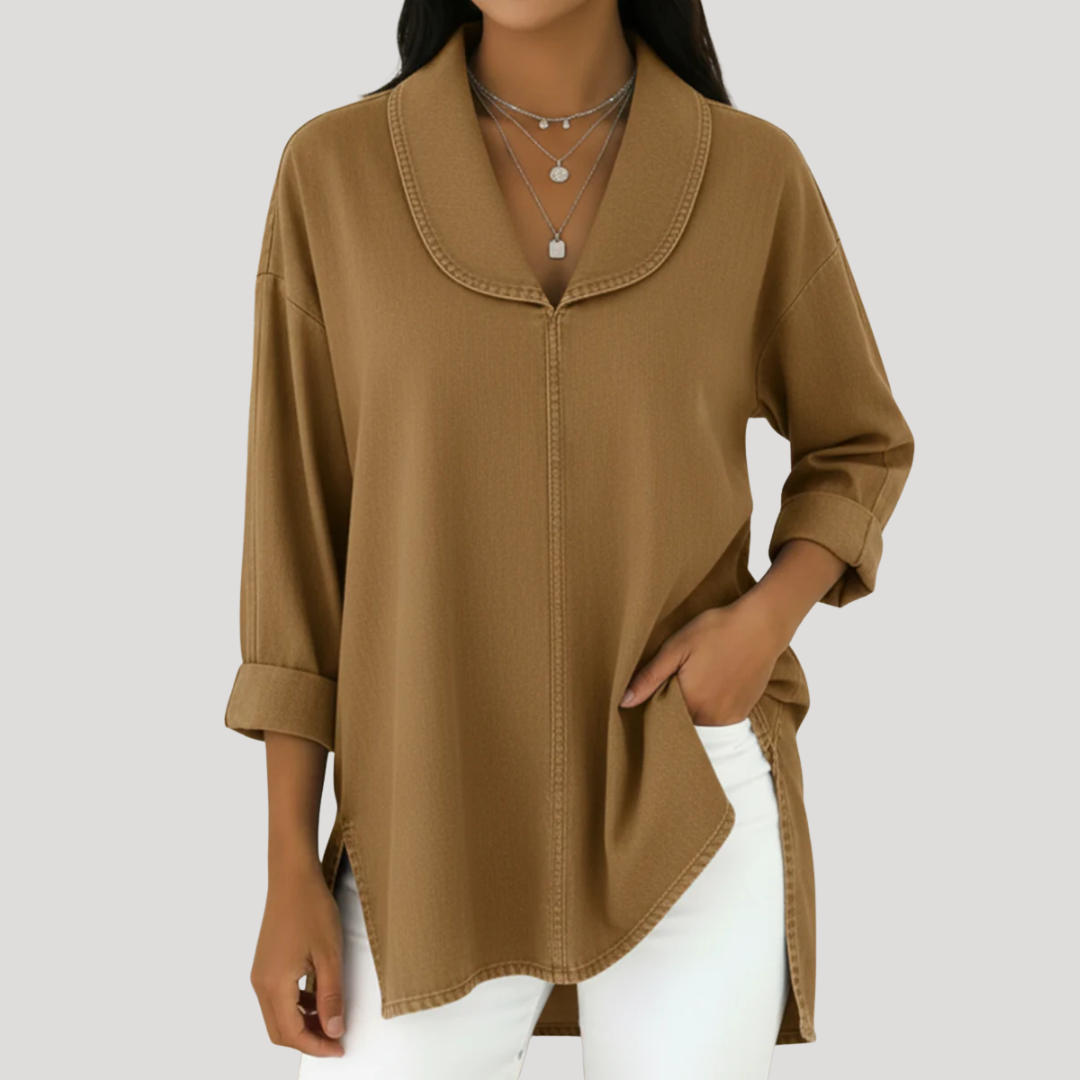 Camille™ Faux Denim Shawl Collar Blouse