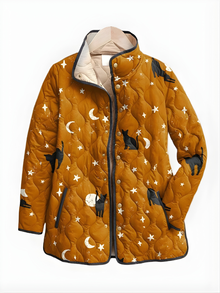 MYA™ | Black Quilted Jacket with Cat Pattern