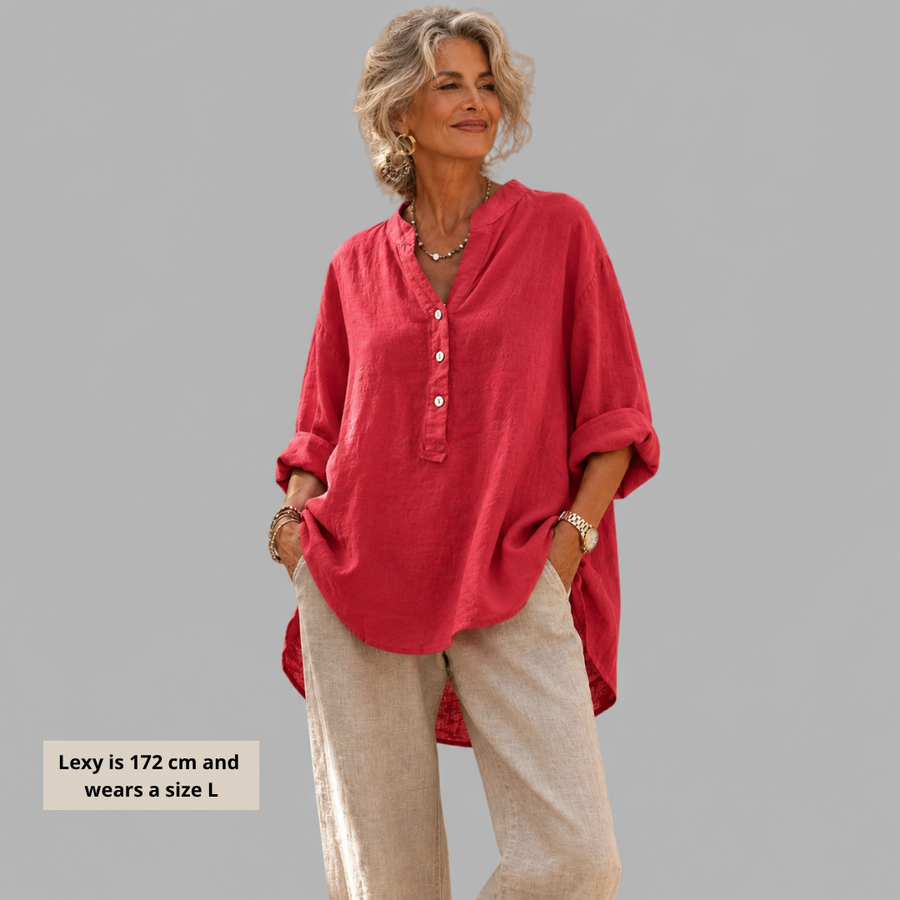 Veronique Elegant Cotton-Linen V-Neck Blouse