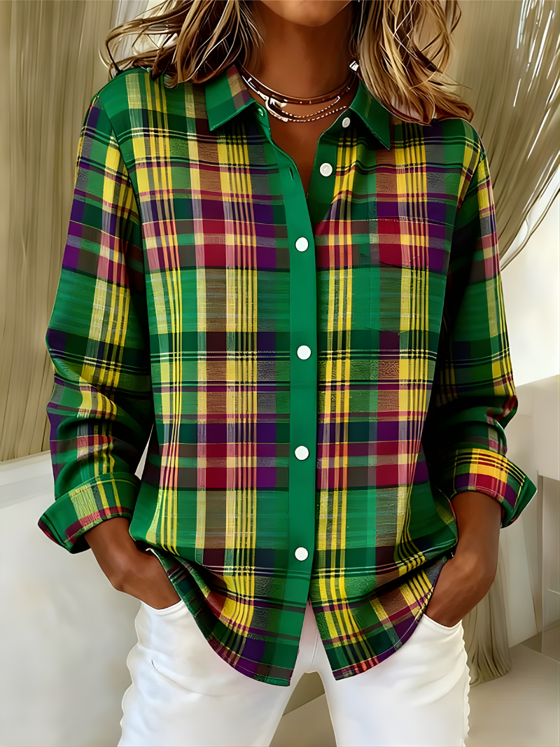 Elouise™ – Checked Hoodie Blouse in Vivid Green Tones