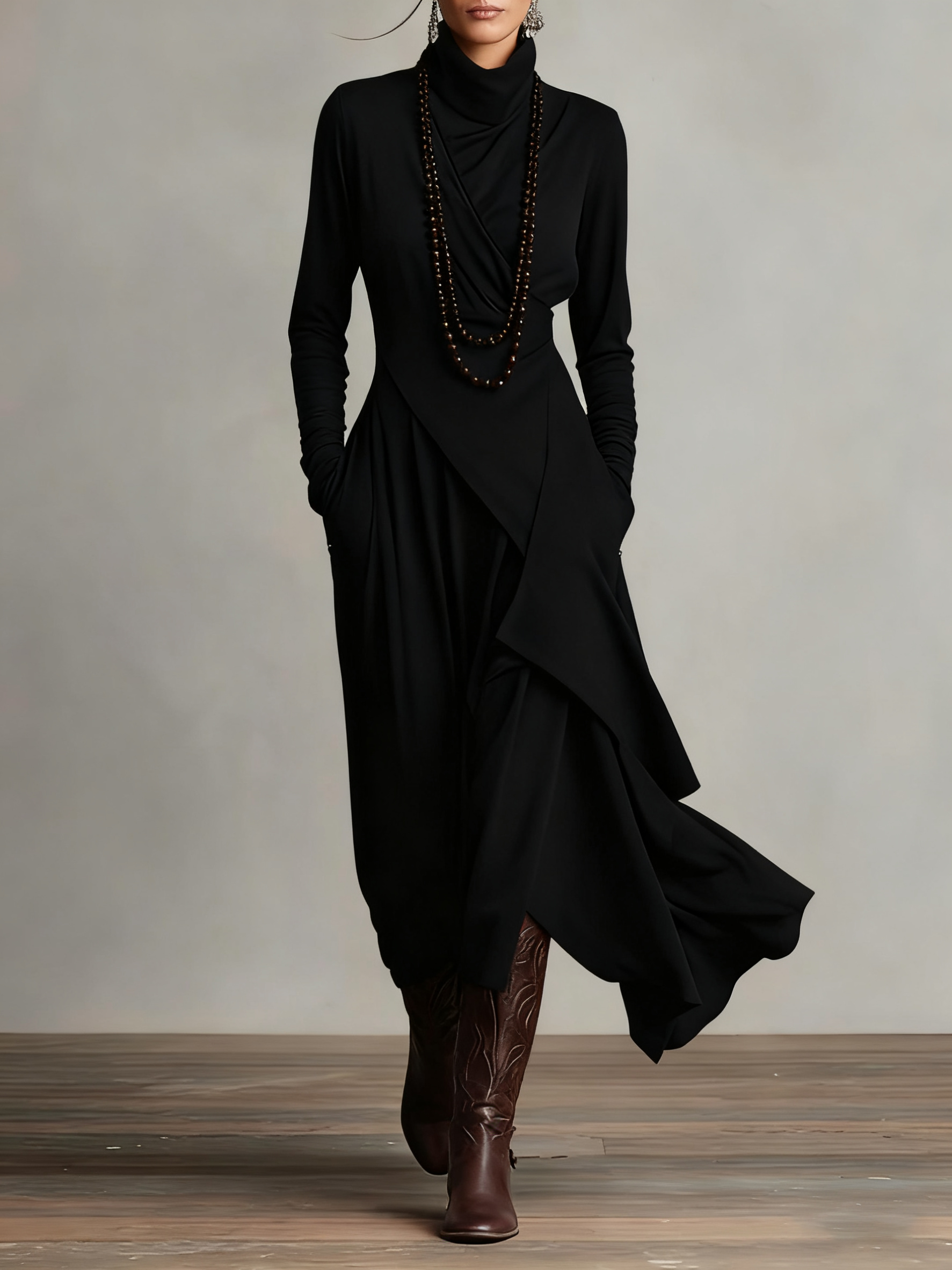 Arielle™ Vintage Asymmetrical Turtleneck Dress
