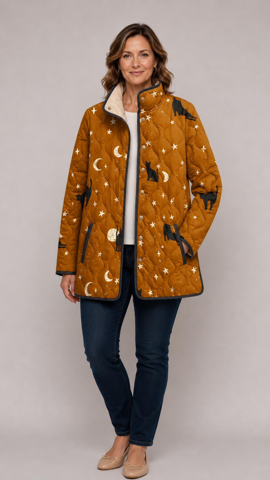 MYA™ | Black Quilted Jacket with Cat Pattern